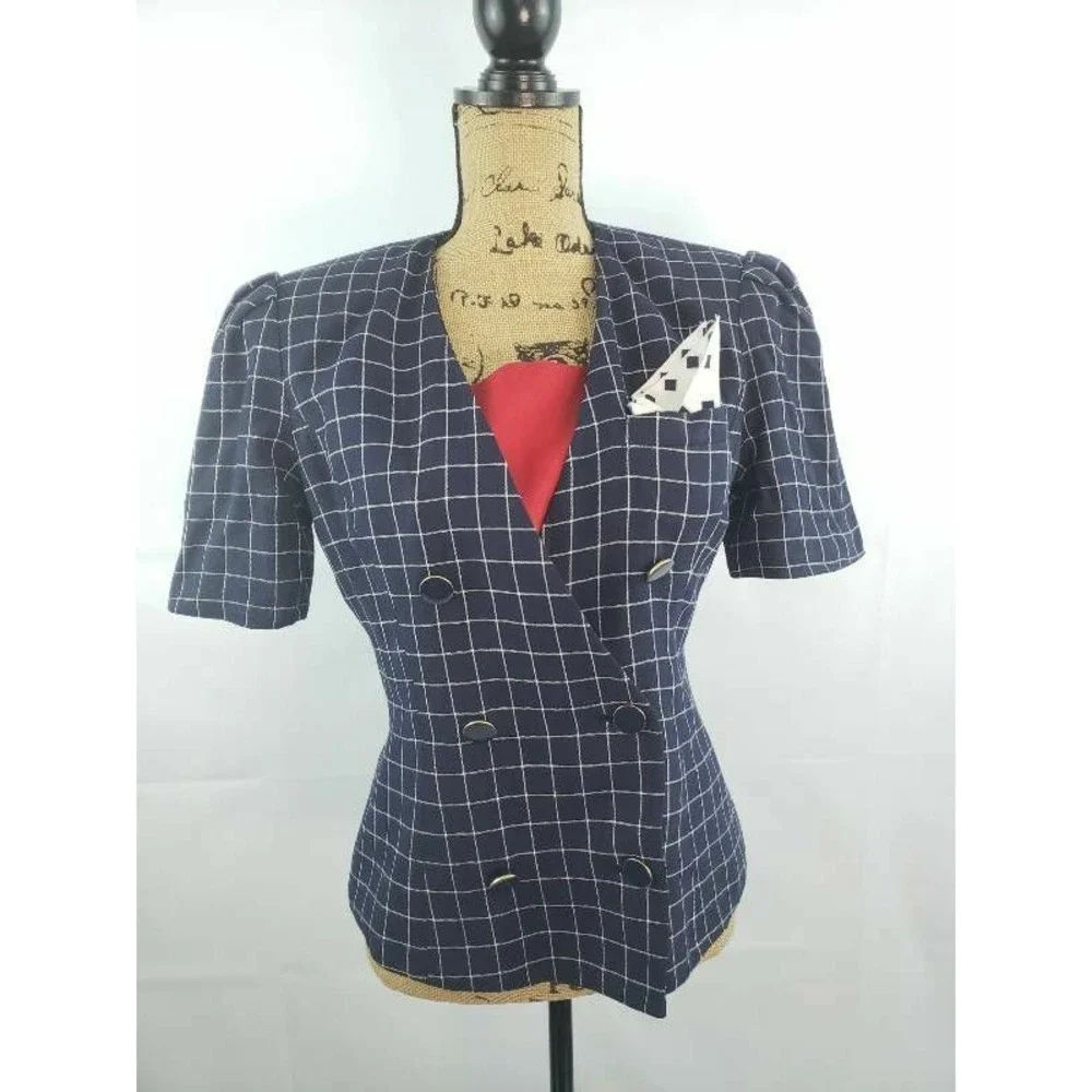 Kasper ASL Women wear Skirt Suit Blue Windowpane Lined Shoulder‎ -Padded 8/9 S54